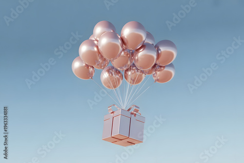 Luxury gift box lifted by pink balloons in clear blue sky