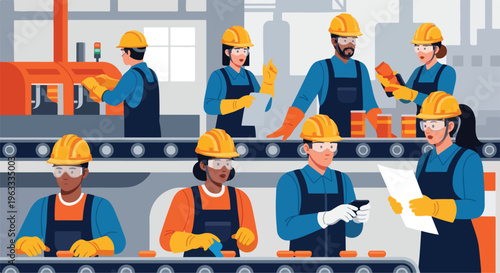 Diverse workers in hard hats and safety gear working on a factory production line on World Day for Safety and Health at Work