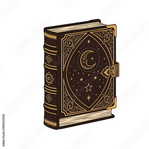 Ornate leather-bound book with celestial moon and star designs, closed with a clasp