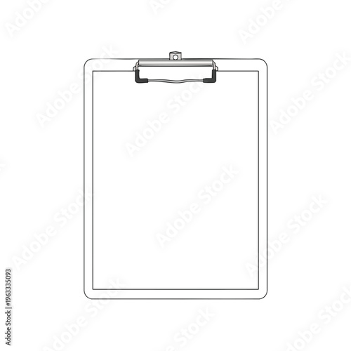 A simple line drawing of a clipboard with a silver clamp and black rubber grips