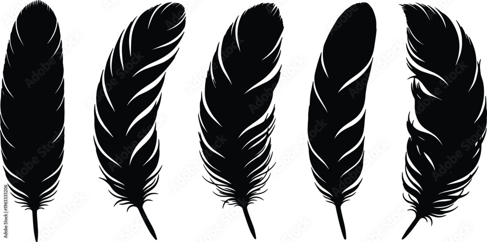 Obraz premium Premium feather silhouette set, black boho feather vector collection isolated on white background, tribal illustration bundle for logo, tattoo design