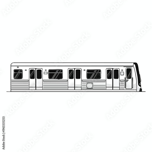 Stylized linear depiction of a white train carriage with black window outlines and details
