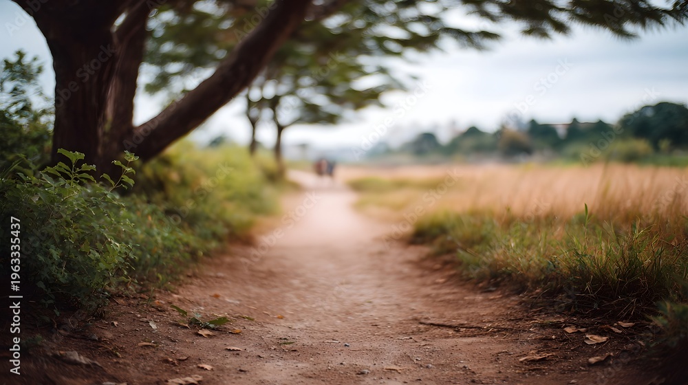 Fototapeta premium A tranquil dirt path meanders through a softly focused natural landscape with distant figures walking towards the horizon