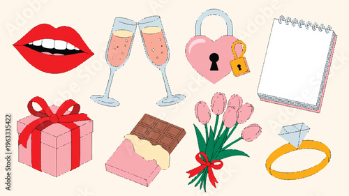 Romantic Gesture Elements: A charming illustration capturing the essence of romance with a curated collection of symbolic elements, perfect for celebrating love and affection. 