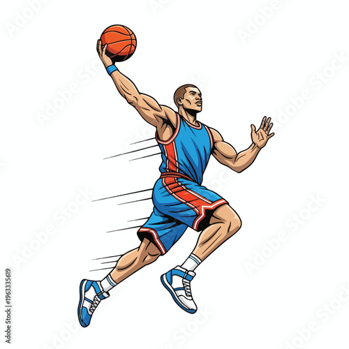 Athletic man in blue and red basketball uniform mid-air with ball