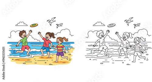 Children Playing Frisbee on the Beach Cartoon Vector Illustration, Set of Colored and Black and White Line Art for Coloring Book, Summer Vacation Outdoor Fun Activity at Seaside