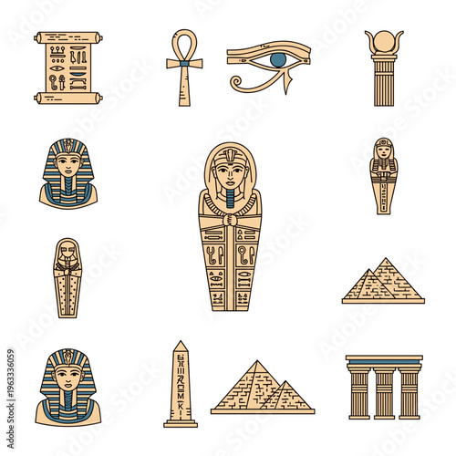 Archaeological Egyptian Artifacts and Statues Set