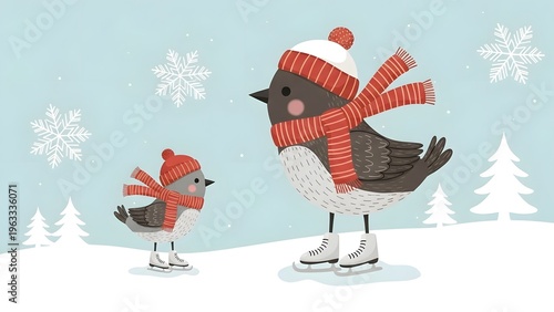 Whimsical winter scene with two adorable birds, dressed in warm hats and scarves, joyfully ice skating on a snowy landscape amidst falling snowflakes and evergreen trees