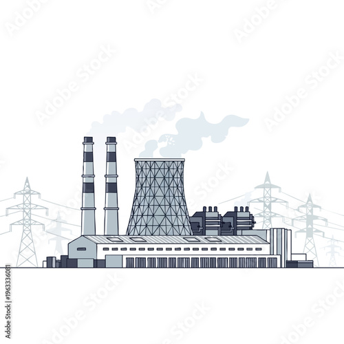 Industrial power plant with cooling tower, smokestacks, and transmission towers