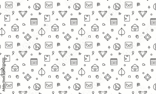 Seamless monochrome outline pattern with scattered leaves envelopes and geometric shapes