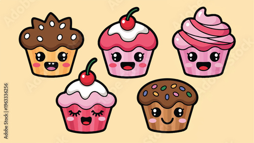 Delicious Cupcake Delight: A delightful assortment of cheerful cupcakes, each adorned with vibrant frosting, inviting details, and sweet expressions, creates a charming visual feast.