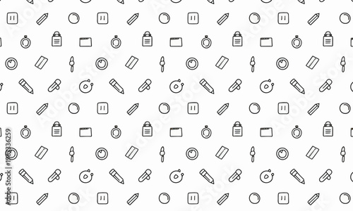 Seamless monochrome outline pattern with office gadget and media icons