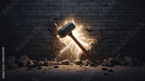 demolition. Hammer breaking through old stone wall with light from cracks. event programs, museum guides, designed for cultural heritage projects and event programs.