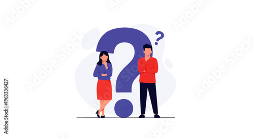 A flat design illustration vector of a man and woman standing beside a large question mark in a simple, colorful style.