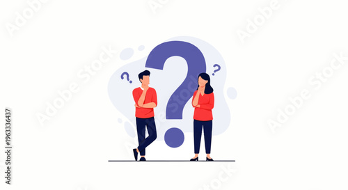 Flat design illustration vector of two people standing thoughtfully with a large question mark in a simple, modern style against a clean white background.