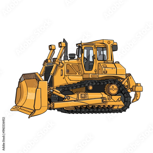 Yellow bulldozer with large blade and tracks, shown in profile against white