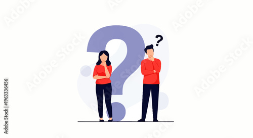 Flat design illustration of a puzzled man and woman standing next to a giant question mark in a vector graphic, conveying confusion.