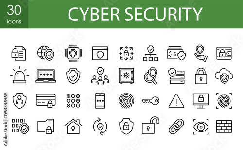 Cybersecurity Icon Set with Halftone Guard – 30 Line Style Digital Protection Vector Symbols