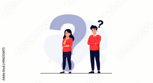 Flat design illustration of a puzzled man and woman standing with question marks, vector graphics with a simple composition.
