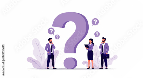 Flat design illustration vector of three business professionals standing around a large question mark with thought bubbles in purple hues on a white background.