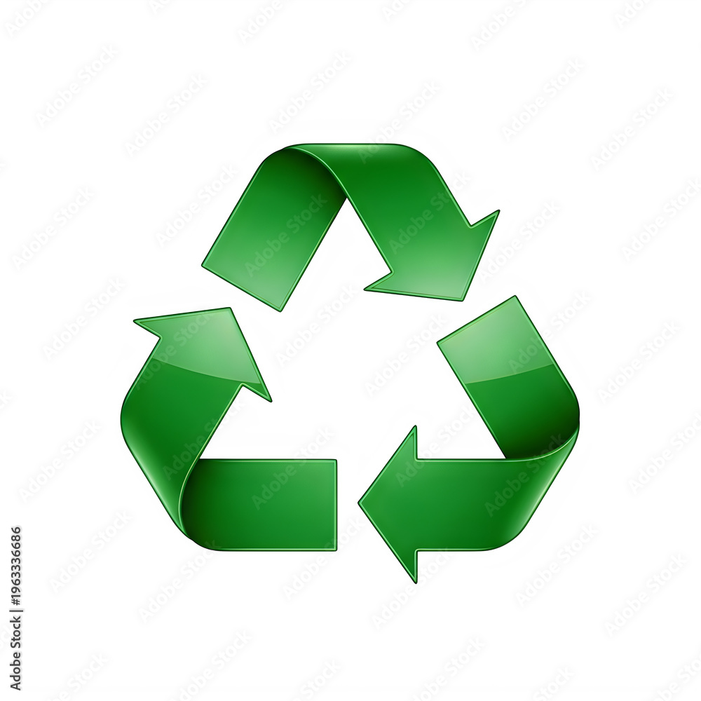Fototapeta premium A vibrant glossy green recycling symbol against a stark black background