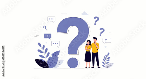 Flat design illustration vector of a man and woman standing thoughtfully beside a large question mark with speech bubbles and plants on a white background.