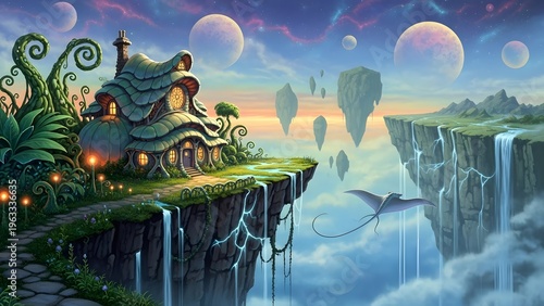 Enchanting fantasy landscape with a whimsical house perched on a floating island amid swirling clouds and celestial bodies