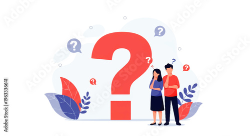 Flat design illustration vector of a man and woman discussing with a large question mark and decorative elements in a graphic composition.
