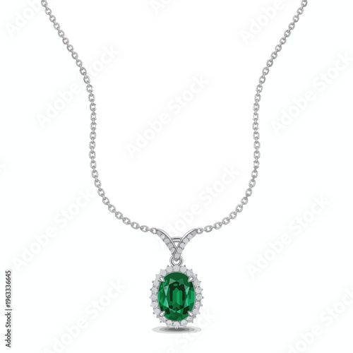 Elegant oval emerald pendant necklace with diamond halo and intricate chain