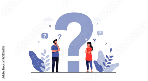 Flat design illustration vector of two people standing beside a large question mark with thought bubbles and plants in a minimalist style.