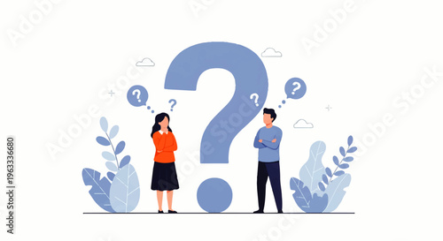 Flat design illustration vector of two people standing thoughtfully on either side of a large question mark with puzzled expressions and decorative plants around them on a white background.