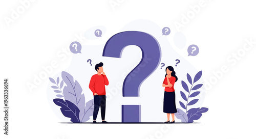 Flat design illustration vector of a puzzled man and woman standing beside a large question mark with thought bubbles and decorative leaves in a minimalist style.