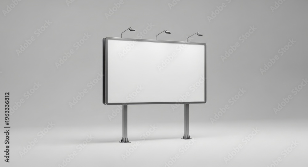 Obraz premium Blank white billboard with metal frame and three spotlights on gray background