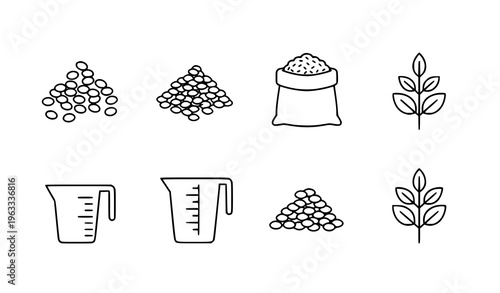 Minimal Lentil Vegetable Icon Set Vector with Grain Sack Cup and Plant Outline Illustration Black White
