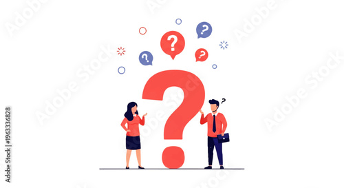 Flat design illustration vector of two people standing next to a large question mark with thought bubbles, in a simple and colorful style against a white background.