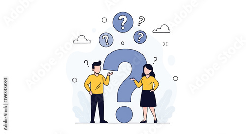 Flat design illustration of a man and woman in yellow shirts standing thoughtfully with a large question mark and symbols around them on a white background, conveying confusion.