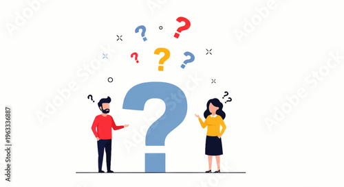 Flat design illustration vector of two people standing on either side of a large question mark with various question marks and symbols floating above them in a colorful and