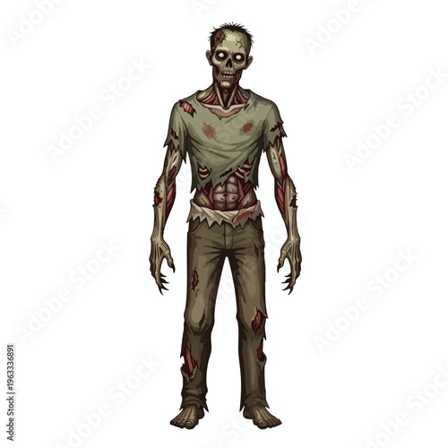 A terrifying, gaunt zombie with tattered clothes stands with sharp claws