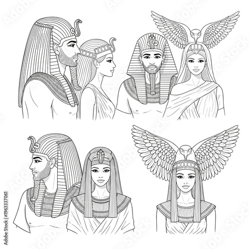 Pharaoh and Goddess Line Art Compositions
