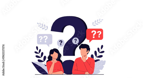 Flat design illustration vector of a puzzled man and woman surrounded by question marks in speech bubbles with a minimalist style.