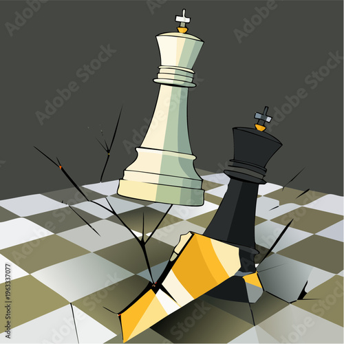 White and black chess kings on a broken chessboard.
