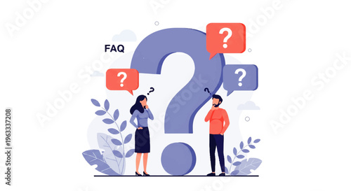 Flat design illustration of a woman and a man standing next to a large question mark with FAQ speech bubbles in a Vector style graphic.