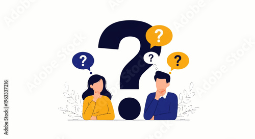 Flat design illustration of a man and woman with question marks floating above their heads in a vector graphic.