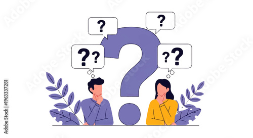 Flat design illustration vector of two puzzled people surrounded by question marks and leaves on a white background.