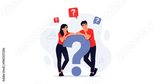 Εκτύπωση καμβά Flat design illustration vector of two people interacting with a large question mark in a thought-provoking scene