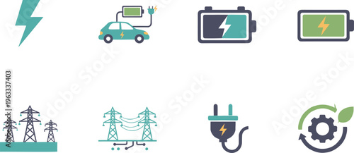 Electrical energy and power infrastructure vector icon set featuring lightning bolts electric car charging battery and power grid symbols.