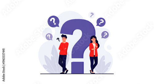 Flat design illustration of a man and woman standing beside a large question mark in a vector graphic with a thoughtful mood.