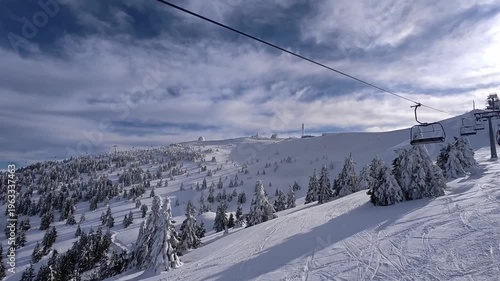 Winter ski landscape, view of the slopes for skiing from the funicular, no one. The concept of a ski holiday.