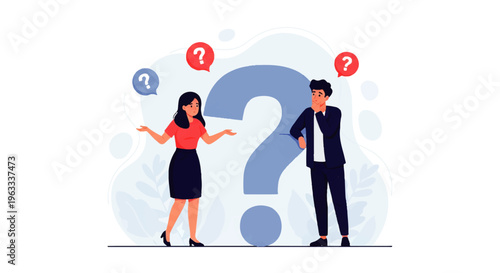 Flat design illustration vector of a man and woman standing next to a large question mark with thought bubbles, conveying confusion in a simple style.