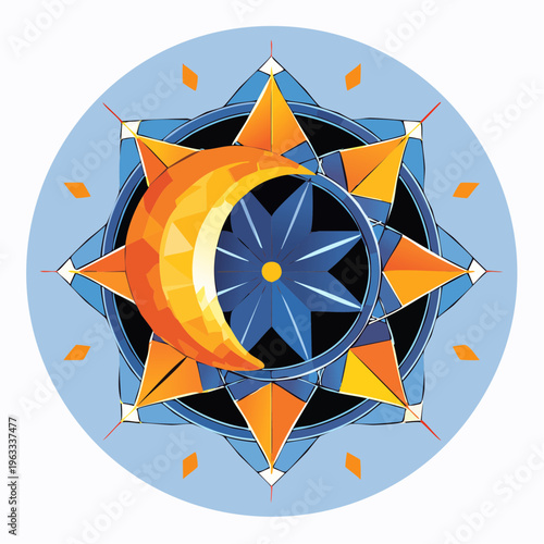 Stylized Celestial Compass Rose with Crescent Moon and Star Design.